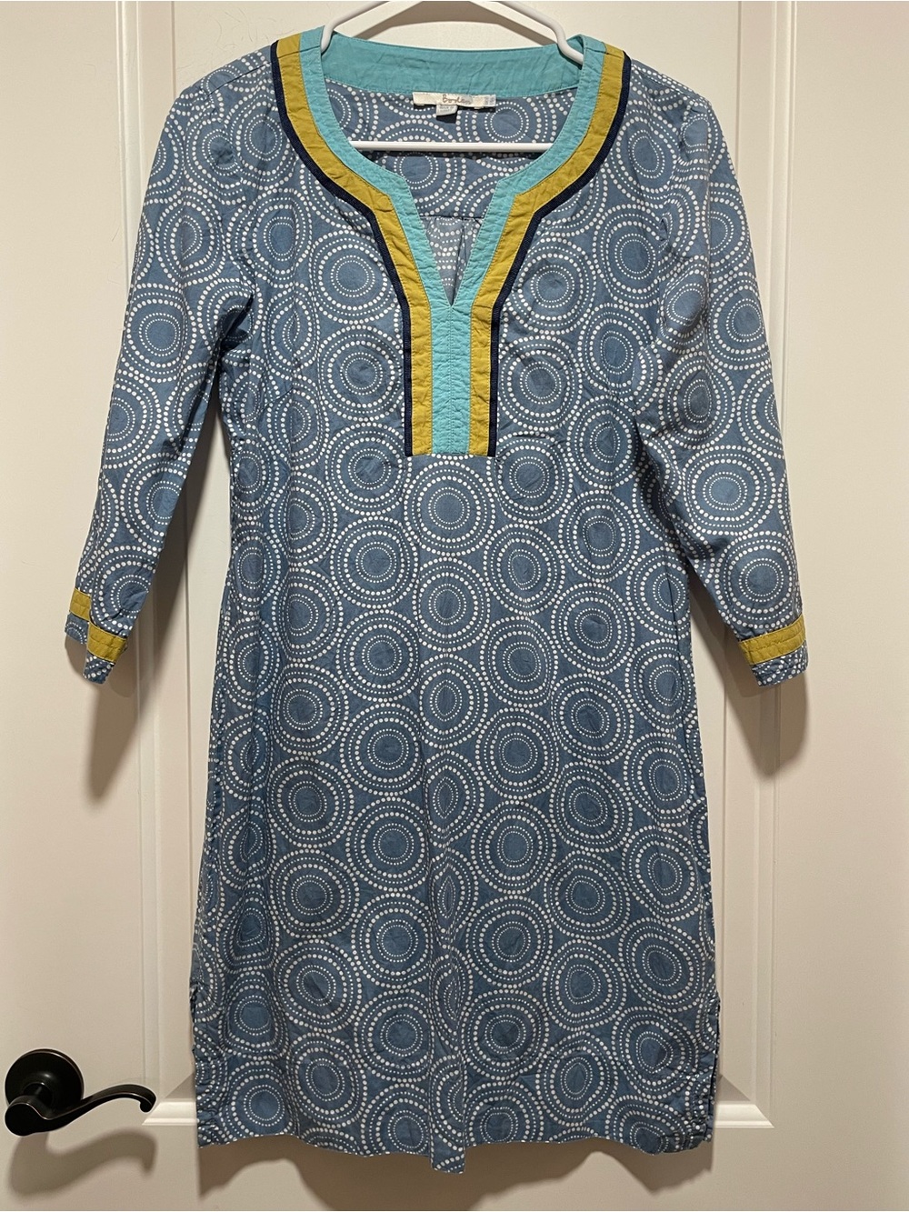 Boho Beach Boden Blue Dot Circle Kaftan Tunic Dress 3/4 Sleeves US Sz 6 Small
